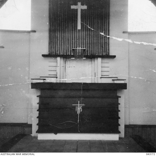 An altar in a chapel that was built by Australian prisoners of war. Photo courtesy of Australian War Memorial (043172).