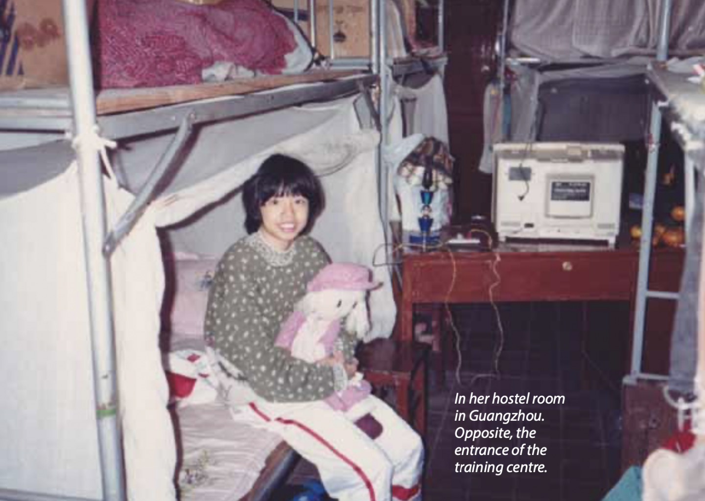 Eileen in her hostel room, which is directly beneath the stadium where at athletes trained at.